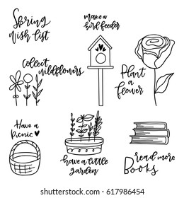 Set of hand drawn spring wishes doodles. Simple vector illustrations.