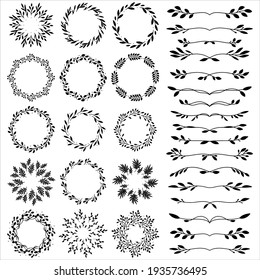 Set of hand drawn spring wreaths and floral elements isolated on white background. Silhouette circle of leaves and branches for books, greeting cards, invitations, web. Doodle style.