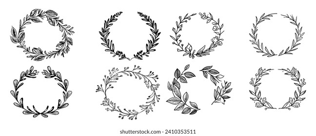 Set of hand drawn spring wreaths isolated on white background, vector. Isolated vector illustration