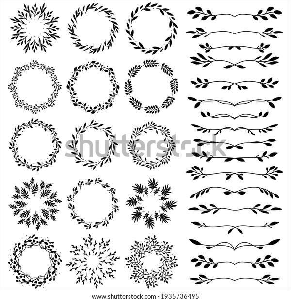 Set of\
hand drawn spring wreaths and floral elements isolated on white\
background. Silhouette circle of leaves and branches for books,\
greeting cards, invitations, web. Doodle\
style.