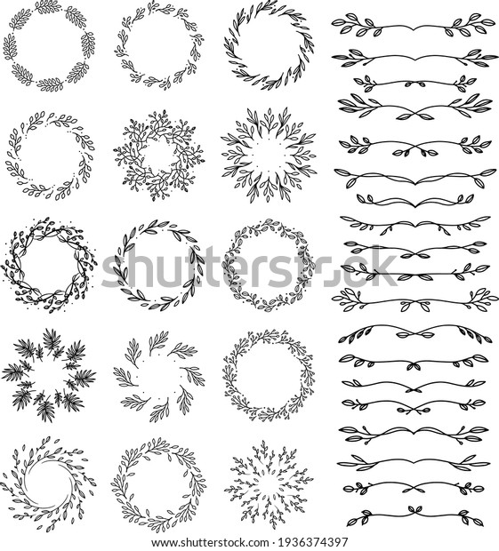 Set of\
hand drawn spring wreaths and floral elements isolated on white\
background. Outline circle of leaves and branches for books,\
greeting cards, invitations, web. Doodle\
style.