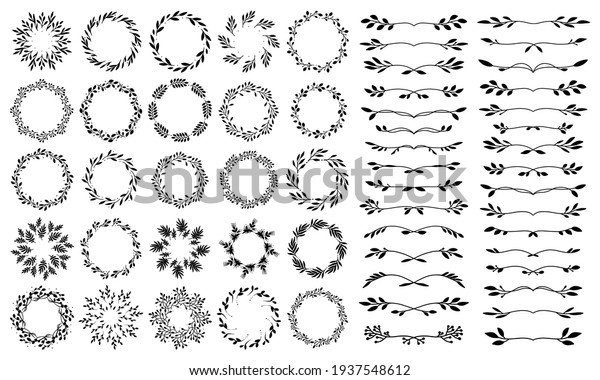 Set of\
hand drawn spring wreaths and floral elements isolated on white\
background. Silhouette circle of leaves and branches for books,\
greeting cards, invitations, web. Doodle\
style.