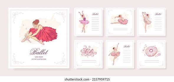 Banners cuadrados dibujados a mano con bailarina y accesorios de ballet. Recogida de tarjetas de felicitación para ballet. Ilustración del vector