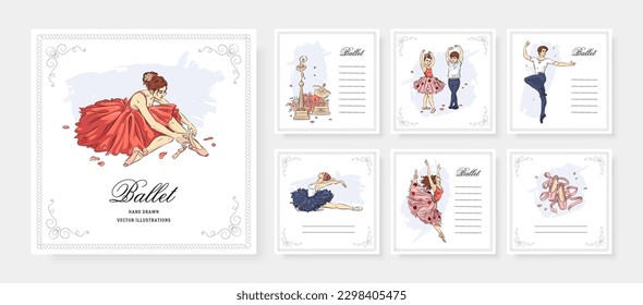 Set of hand drawn square banners with ballerina and ballet accessories. Ballet greeting card collection. Vector illustration