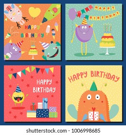 Set of hand drawn square birthday cards templates with cute funny cartoon monsters in party hats, typography. Vector illustration. Isolated objects. Design concept for children, birthday celebration.