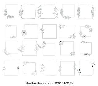 Set of hand drawn square frames with flowers, leaves, herbs. Vector botanical borders for wedding and branding design.