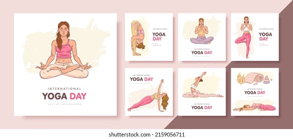 Set of hand drawn square greeting card or banner for international day of yoga