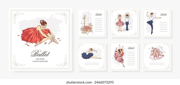 Set of hand drawn square poster, web banner or greeting card with ballerina and ballet accessories on white background. Ballet studio cover design template. Vector illustration