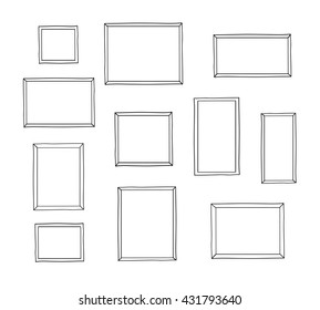 Set of hand drawn square vintage photo frames. Doodles, sketch for your design. Vector illustration.