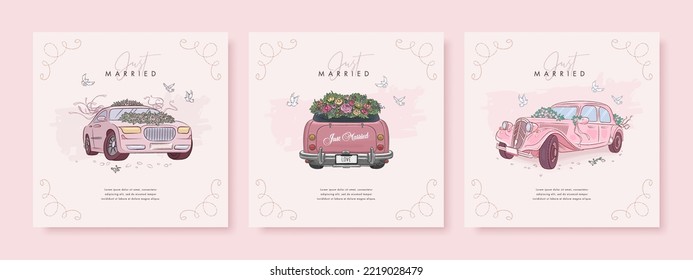 Set handgezeichnete quadratische Hochzeitskarte. Sammlung von Retro-Hochzeitswagen und Blumen