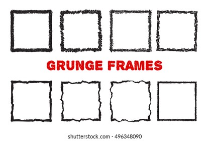 Set of hand drawn squares. Grunge textured frames. Abstract brush elements. Doodle shapes. Handdrawn with pastel crayons. Isolated on white. Vector illustration.