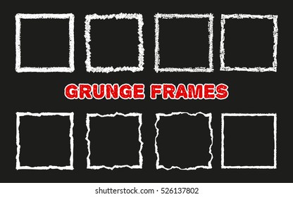 Set of hand drawn squares. Grunge textured frames. Abstract chalk elements. Doodle shapes. Handdrawn with pastel crayons. Vector illustration.