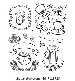 Set of hand drawn St. Patrick s Day design elements - hats, clover, stars. Coloring book page, vector line illustration