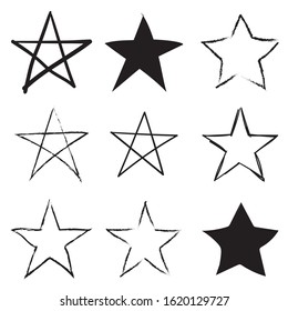 Set hand drawn star. Object for design use. Black and white background. Abstract drawing. Vector art illustration grunge stars