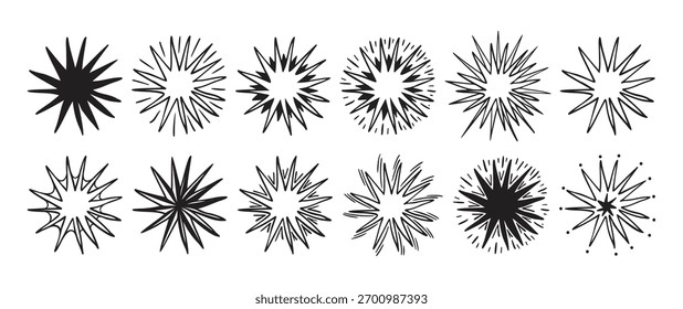Conjunto de Formas de estrellas dibujadas a mano con diferentes contornos y rayos. Colección de doodle de Vector blanco y negro aislada sobre fondo blanco. Elemento celeste y decorativo para el diseño.
