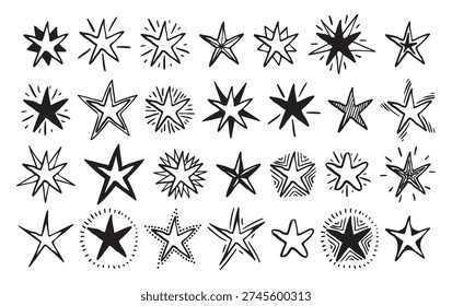 Set of hand drawn star shapes with different outlines and rays. Black and white vector doodle collection isolated on white background. Celestial and decorative element concept for design, pattern, or
