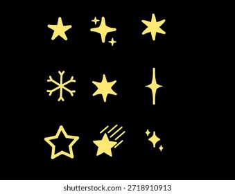 Conjunto de ícones de estrela desenhada à mão e brilho. Coleção de elementos decorativos brilhantes amarelos, cintilante, cintilante e estrela cadente isolada no fundo preto.