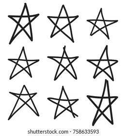 Set Hand Drawn Star. Vector Collection Of Ruggedly Handdrawn Stars  Uneven Lines.