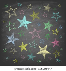 Set of hand drawn stars on chalkboard background. Vector illustration.