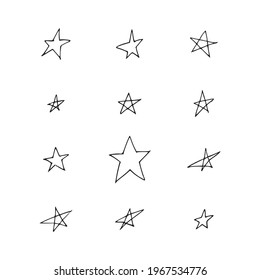 Set of hand drawn stars on white backgraund. Vector collection of ruggedly handdrawn stars uneven lines.