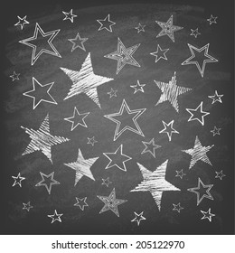 Set of hand drawn stars on chalkboard background. Vector illustration.