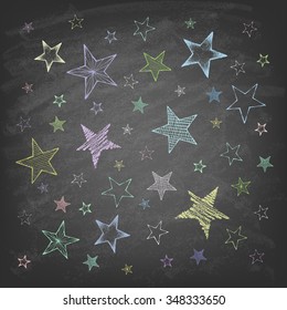 Set of hand drawn stars on the chalkboard. Background. Vector illustration.