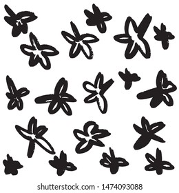 Set of hand drawn stars. Vector illustration of a repeated hand made black star. Textured monochrome wallpapaer of hand-drawn elements.