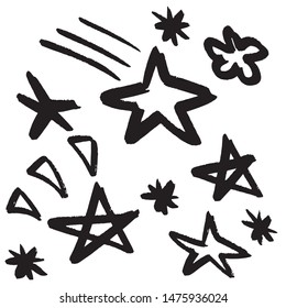 Set of hand drawn stars. Vector illustration of a repeated hand made black star. Textured monochrome wallpapaer of hand-drawn elements.