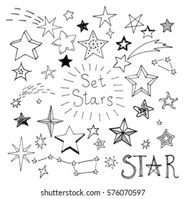 Set of hand drawn stars. Vector illustration.