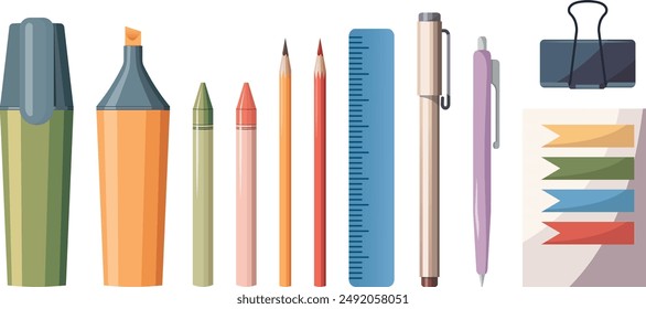 Conjunto de artículos de papelería dibujados a mano para la escuela y los negocios. Ilustración vectorial aislada. Colección de suministros de oficina