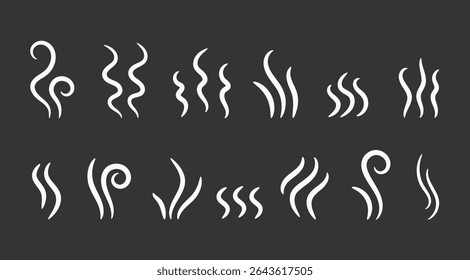 Set of hand drawn steam or smoke symbols, dark background, vector eps10 illustration