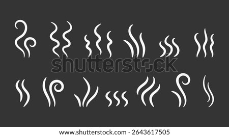 Set of hand drawn steam or smoke symbols, dark background, vector eps10 illustration