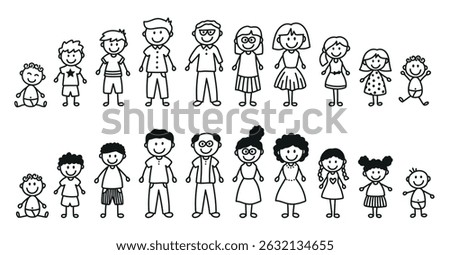 Set of hand drawn stick figures. Happy diverse family. Father, mother, grandfather, grandmother, son, daughter, baby. Vector isolated on white background.