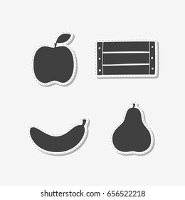 Set of hand drawn stickers with apple, banana, wooden box and pear. Templates for design or brand identity. Vector illustration