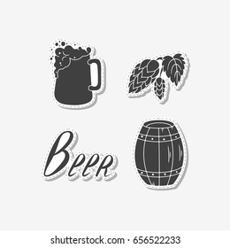 Set of hand drawn stickers with beer mug, hop branch, sign and barrel. Templates for design or brand identity. Vector illustration