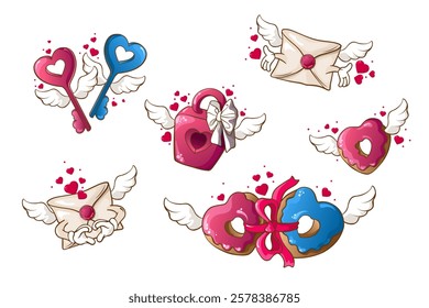 Set of hand drawn stickers of characters for Valentine's Day, cartoon envelopes, donuts, keys with wings