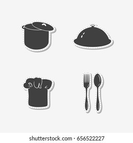 Set of hand drawn stickers with chef hat, stock pot, cloche, spoon and fork. Templates for design or brand identity. Vector illustration