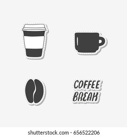 Set of hand drawn stickers with coffee bean, mug, paper cup and sign. Templates for design or brand identity. Vector illustration
