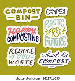 Set of hand drawn stickers with eco friendly lettering slogans on mustard background. Compost, Plastic Free and Reduce Food Waste handwritten inscriptions for banner, site, vegan shop, print, poster