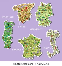 Set of hand drawn stickers. Germany, Spain, Italy, Portugal, France. Doodle maps with main cities, symbols and landscapes.Thick white stroke around illustrations. Travel concept. Funny and cute vector