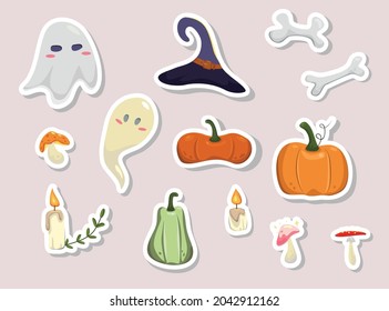 Colleсtion set of hand drawn stickers for Halloween concept. Stickers, icons, design elements. Vector collection of Halloween theme elements.