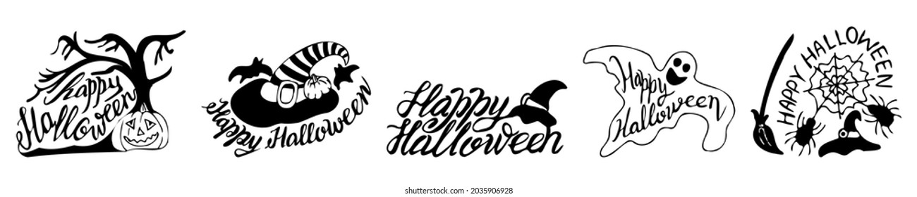  Set Hand drawn  stickers Happy Helloween decorative design elements isolated on a white background. vector lettering. For poster, greeting card, party invitation.