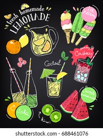 Set of hand drawn stickers and icons of summer food and drink. Vector illustrations for beach restaurant and bar menu, vacation and party. Ice cream. Sketch on chalkboard