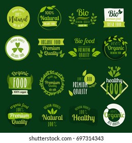 Set of hand drawn stickers, icons and logos for organic food, healthy and natural products. Elements collection for food market labels, ecommerce, organic products promotion, premium quality food.