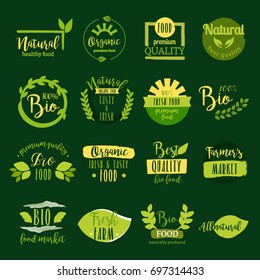 Set of hand drawn stickers, icons and logos for organic food, healthy and natural products. Elements collection for food market labels, ecommerce, organic products promotion, premium quality food.