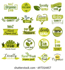 Set of hand drawn stickers, icons and logos for organic food, healthy and natural products. Elements collection for food market labels, ecommerce, organic products promotion, premium quality food.