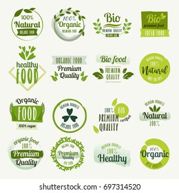 Set of hand drawn stickers, icons and logos for organic food, healthy and natural products. Elements collection for food market labels, ecommerce, organic products promotion, premium quality food.