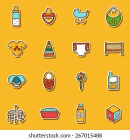 Set of hand drawn stickers on baby care theme for your design