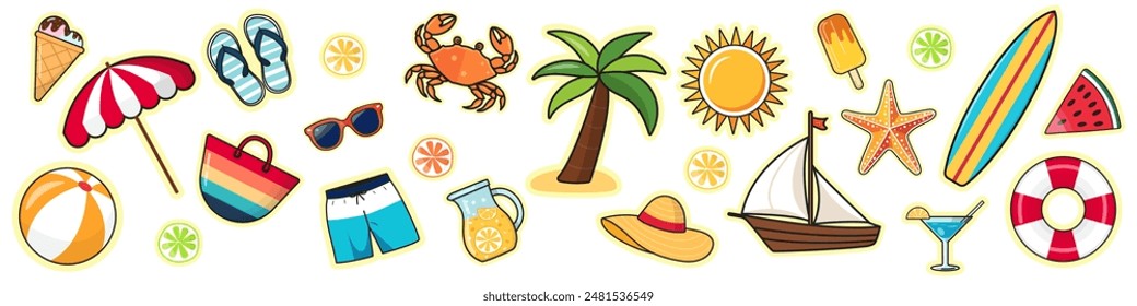 A set of hand drawn stickers for summer vacation.  Design concept for summer vacation, travel. Vector illustration. Can be used for stickers, poster, print.
