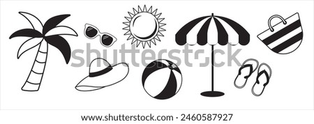 A set of hand drawn stickers for summer vacation. Badges tropical palm tree, beach slippers, beach umbrella, inflatable ball, beach bag, sun, sunglasses . Vacation or vacation at the beach. Vector 